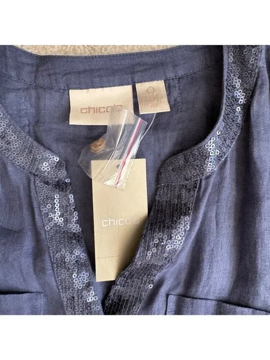 Chico’s NWT Linen Sequin Trim Blouse Blue Button Front Top Lightweight - Picture 2 of 7